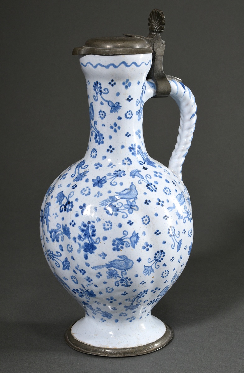 Faience narrow-necked jug with bird decoration, globular bellied jug with funnel-shaped narrow neck