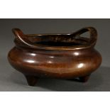 Chinese bronze incense burner on three feet with handles growing out of the rim, 6-character Chongz