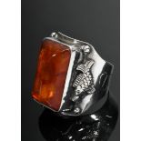 Impressive silver 835 ring with three-dimensional fish on the ring shoulders and angular natural am
