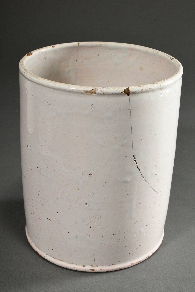 3 Various cylindrical faience pharmacy vessels with blue painted cartouches, c. 1800, 1x with lid,  - Image 11 of 14