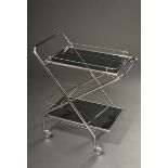 Folding tea trolley in Art Deco style with chrome-plated tubular steel scissor frame and two smoked