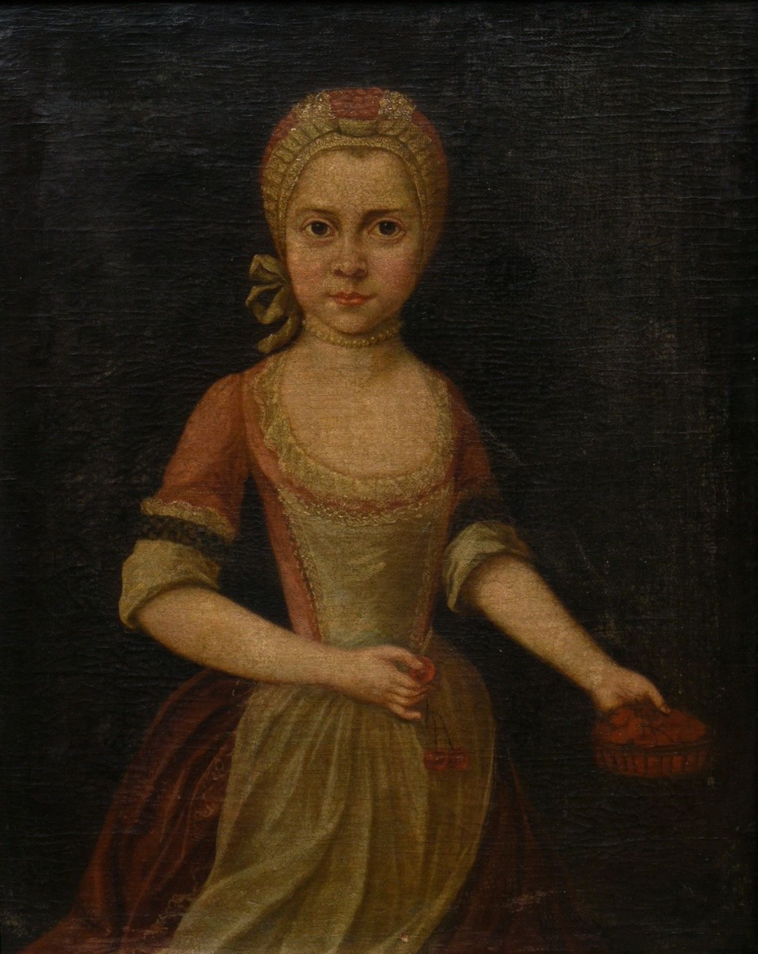 Unknown portraitist of the early 18th c. "Girl with Cherry Basket", oil/canvas, probably relined, 7