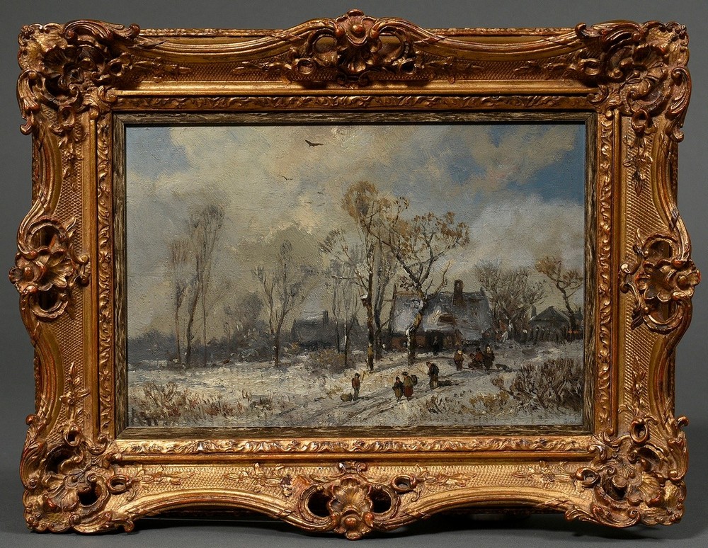 Stademann, Adolf (1824-1895) "Winter Landscape with Village and Figural Staffage", oil/wood, monogr - Image 2 of 5