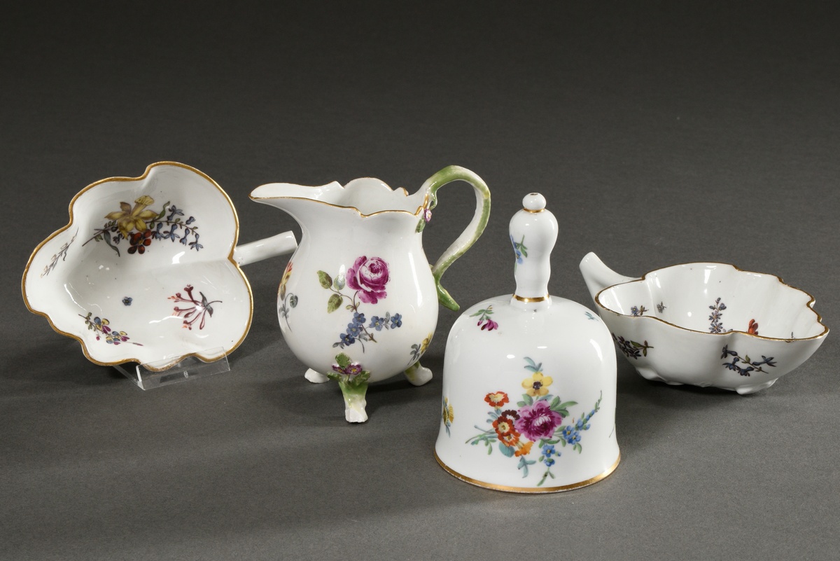 4 Pieces Meissen with polychrome "woodcut flowers" painting, 18th c.: 2 leaf bowls (12x9cm, 1x rest