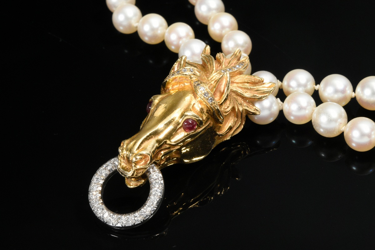 Double-row cultured pearl necklace (70g, l. 46cm without clasp, Ø 7.7mm) on a sculpted yellow and w - Image 2 of 4