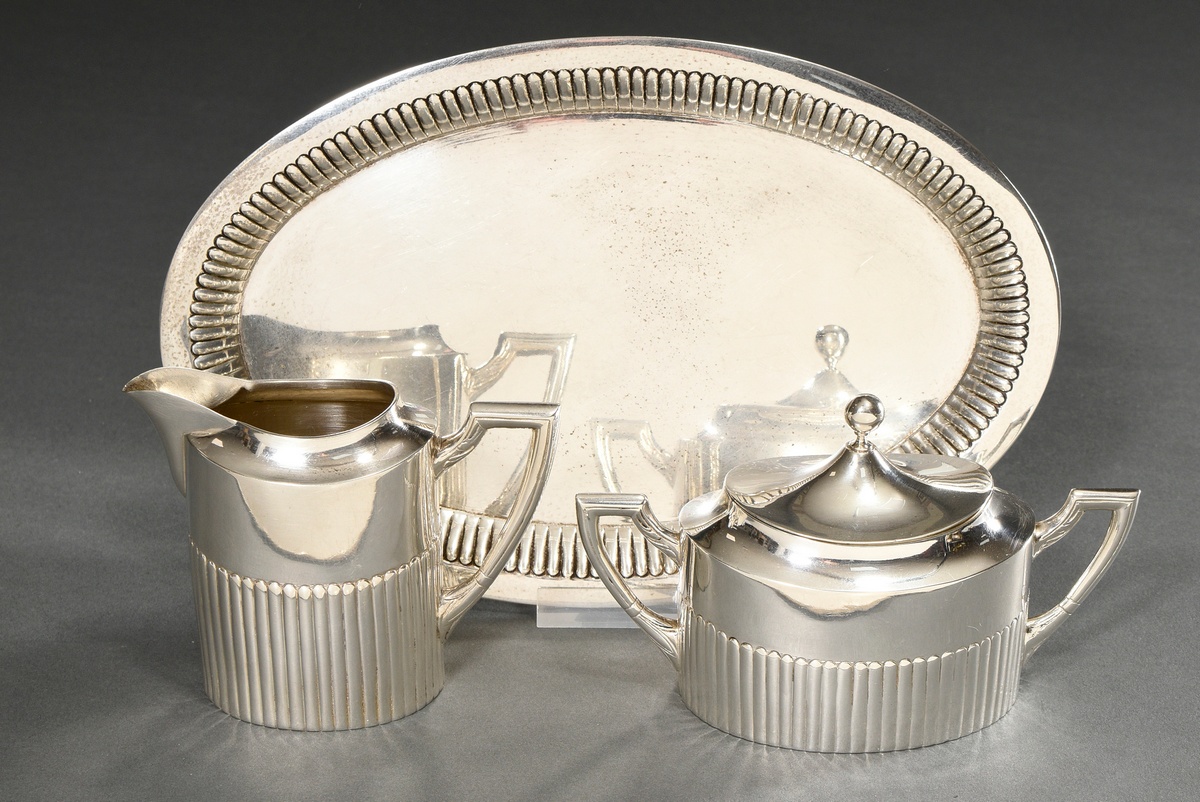 3 Pieces sugar and cream set on tray with grooved decoration, Mark: Julius Lemor, Breslau / Wroclaw