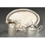 3 Pieces sugar and cream set on tray with grooved decoration, Mark: Julius Lemor, Breslau / Wroclaw
