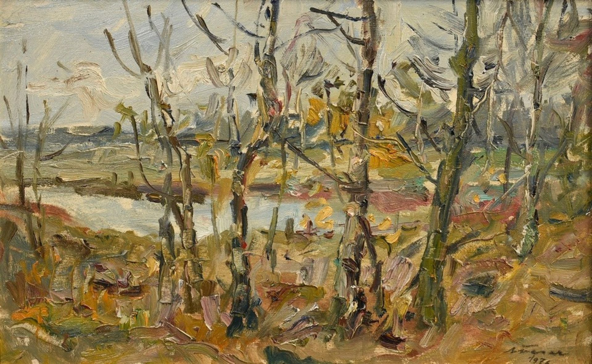 Feser, Albert (1901-1995) "Teich im Herbst" 1976, Öl/Malpappe, u.r. sign./dat., verso bez., 30,6x49