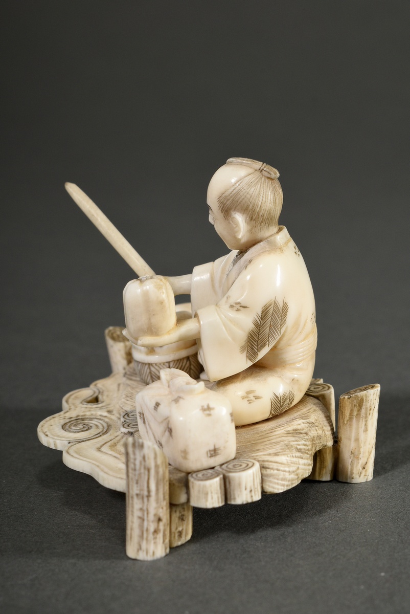 Ivory okimono ‘Chinese sage with moon lute accompanied by two drumming oni’, partially coloured bla - Image 4 of 9