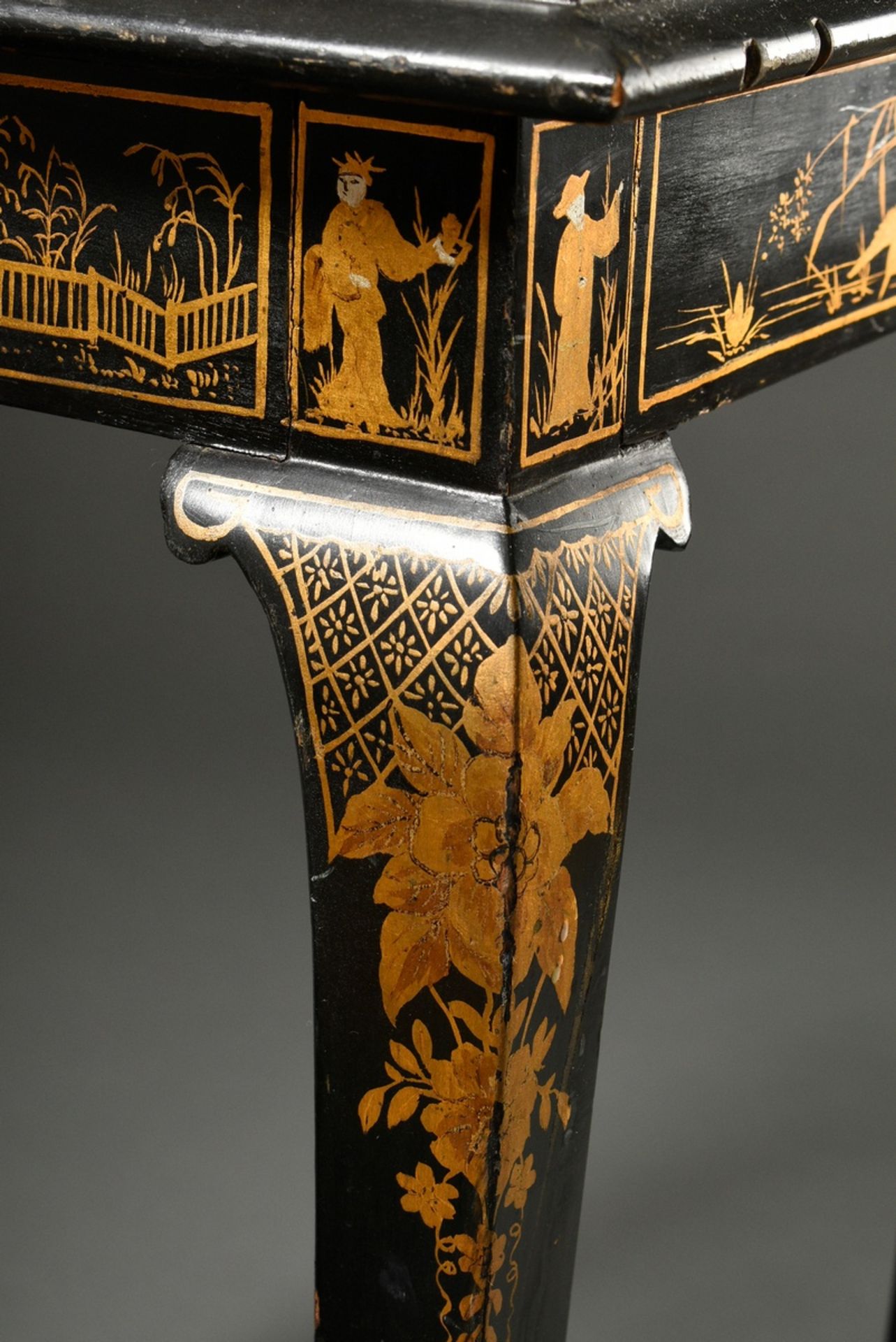 Decorative sewing table with chinoiserie decoration on a black background in lacquer painting, larg - Image 4 of 7