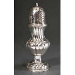 Sugar shaker with gadrooned wall in baroque façon with ornamentally pierced lid, German, silver 800