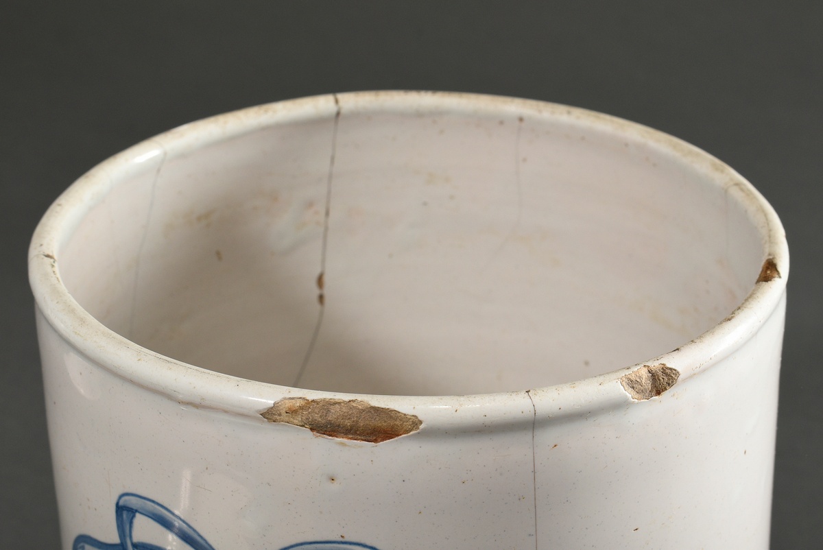 3 Various cylindrical faience pharmacy vessels with blue painted cartouches, c. 1800, 1x with lid,  - Image 10 of 14