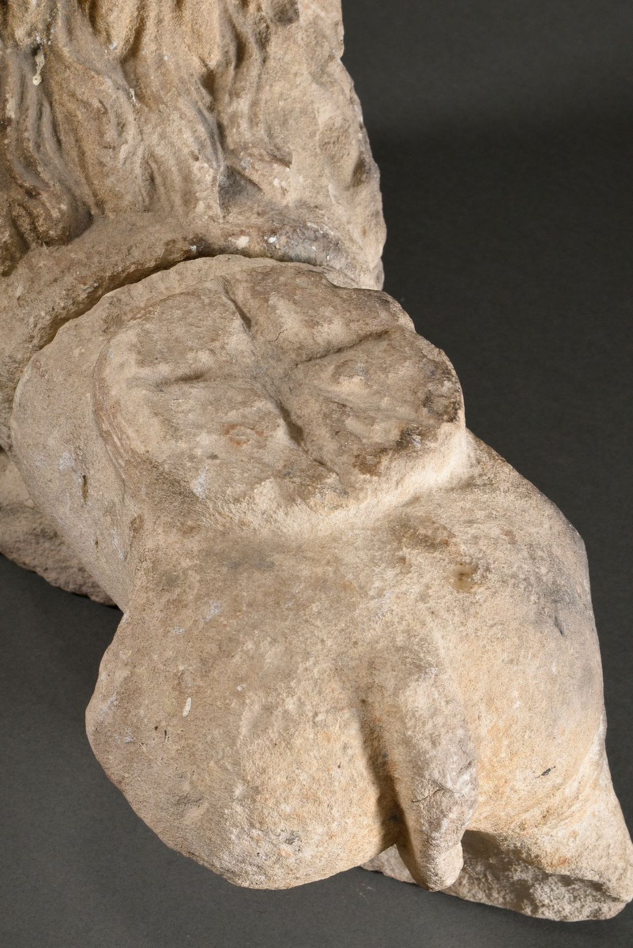 Late medieval sandstone column base "Reclining lion with open mouth", 45x34x20cm, strong traces of  - Image 5 of 11