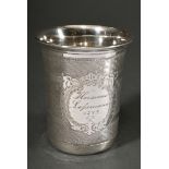 Small cup with engraved body and cartouche "Hermann Leßsmann 1872. E.L.", silver, 67g, h. 8.1cm