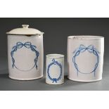 3 Various cylindrical faience pharmacy vessels with blue painted cartouches, c. 1800, 1x with lid, 