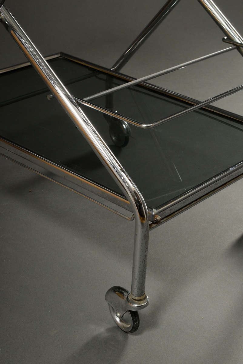 Folding tea trolley in Art Deco style with chrome-plated tubular steel scissor frame and two smoked - Image 4 of 4