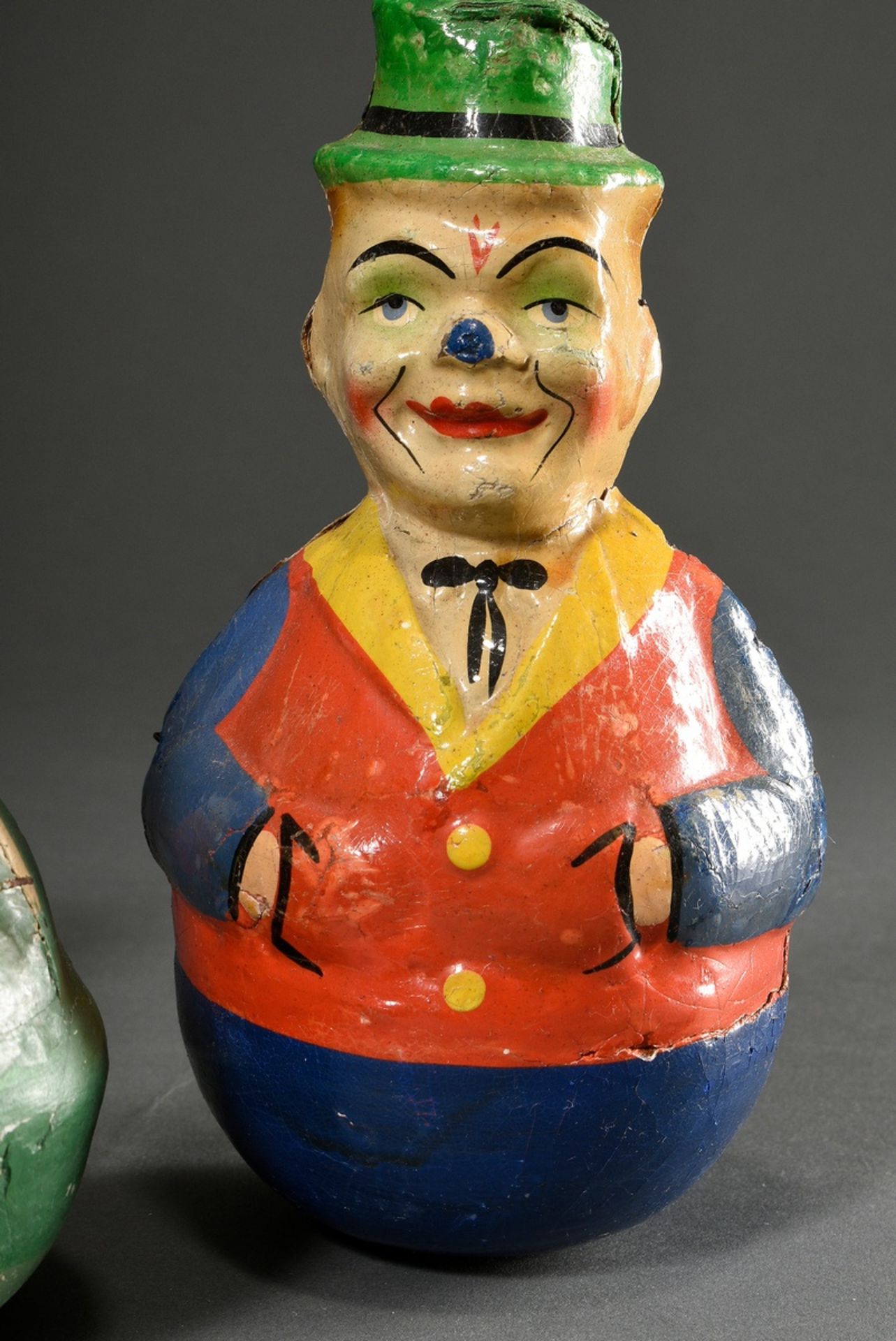 5 Diverse "Steh-Auf-Clowns", Papiermaché farbig bemalt und gespritzt, H. 12-22cm, stark bespielt, 1 - Bild 5 aus 5