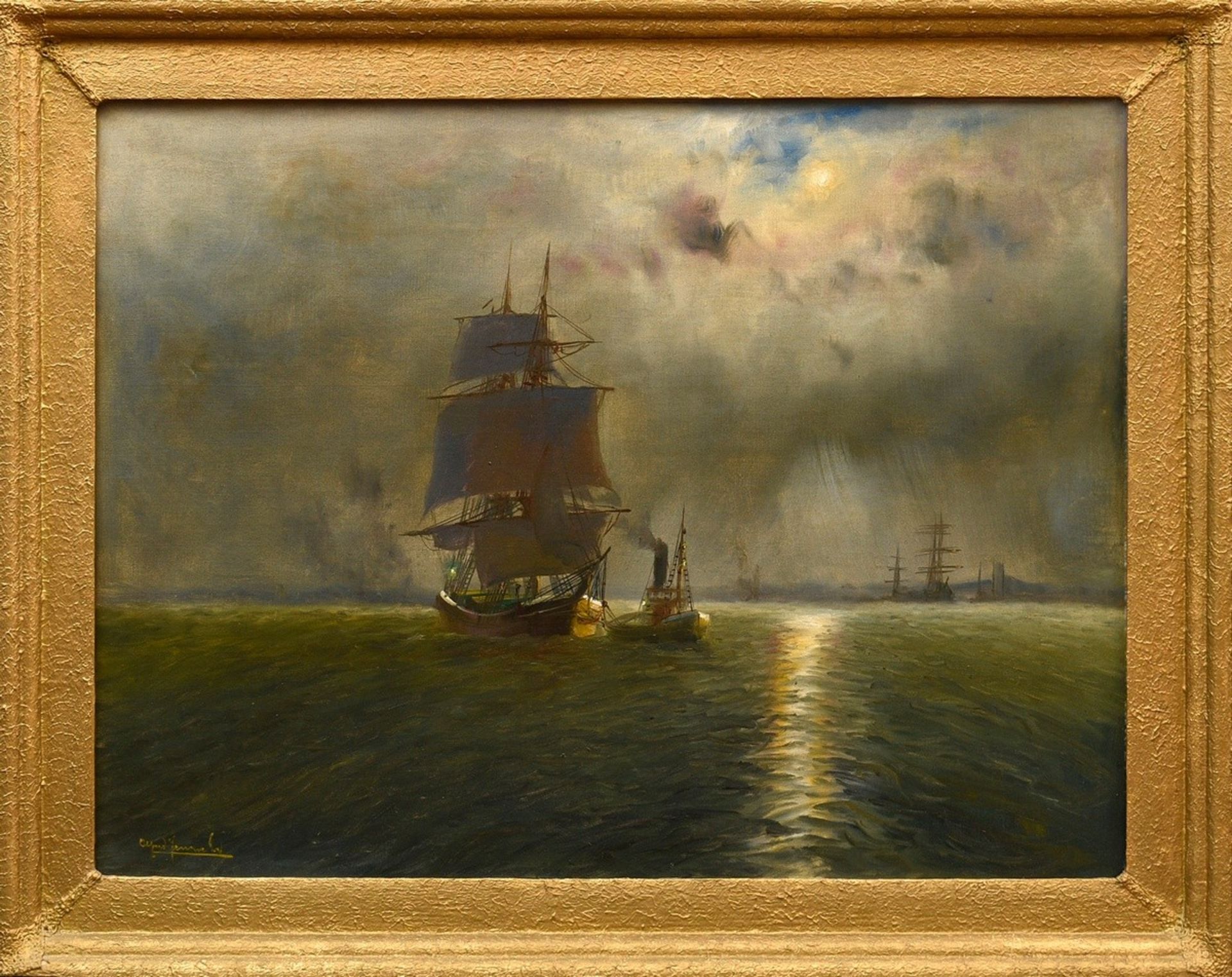 Jensen, Alfred (1859-1935) "Sailor and tugboat in the twilight", oil/canvas, sign. l.r., 60,5x80cm  - Image 2 of 5