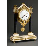 French pendulum with fire-gilt bronze fittings on a white Carrara marble body with black columns, 3
