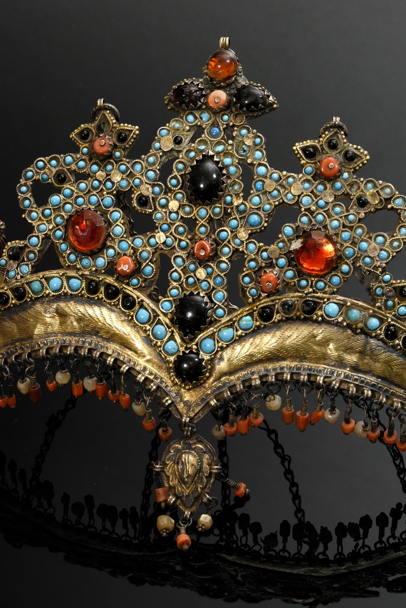 Uzbek bridal jewelry tiara, openworked plate with varying stone setting at the top, gilded curved s - Image 2 of 4