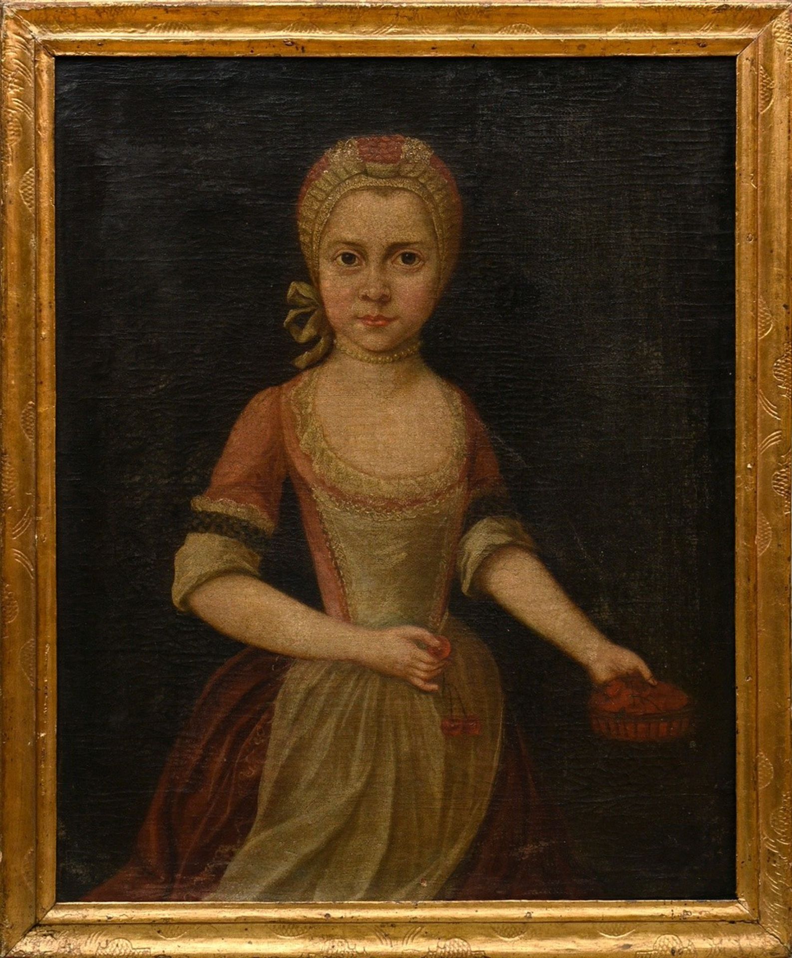Unknown portraitist of the early 18th c. "Girl with Cherry Basket", oil/canvas, probably relined, 7 - Image 2 of 7