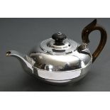 Small teapot in moulded spherical form with plain band, wooden knob and handle, Mark: Thomas Wilkes