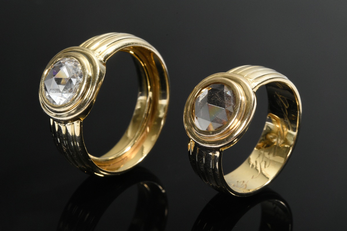 2 Diverse Gelbgold 585 Bandringe: 1 mit Diamant im Amsterdamer Rosenschliff (Ø ca. 6,4mm/P1/TCR, di