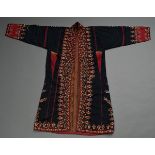 Turkmen Tschirpi women's coat with coloured embroidery borders on black cotton, lining of brown flo