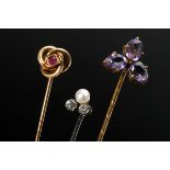 3 Various tie pins: 1 gold-plated pin with amethyst (Ø11mm) and 2 yellow gold 585 pins: 1 knot pin 