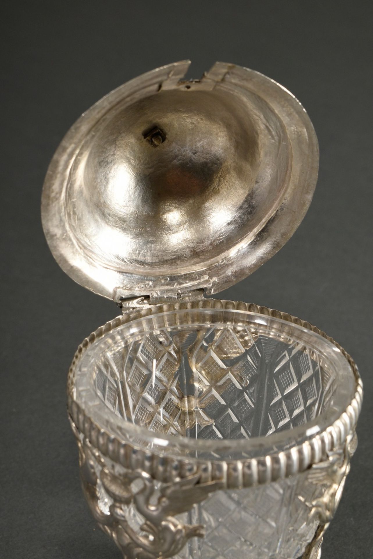 An Empire mustard pot with crystal inset, over 3 feet with swan reliefs, domed hinged lid with ball - Image 6 of 7