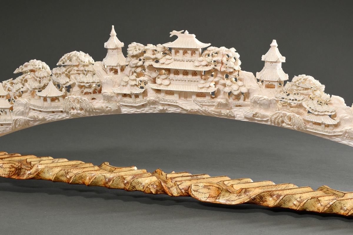 Richly carved ivory tooth "Landscape with pagodas, trees and people" on a carved and patinated wood - Image 3 of 13