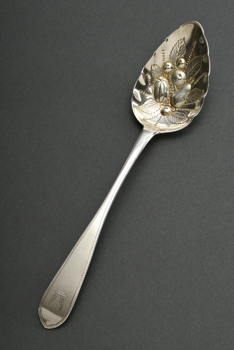 English Berryspoon with embossed relief ‘Fruits’ on the spoon and engraved heraldic animal ‘Winged 