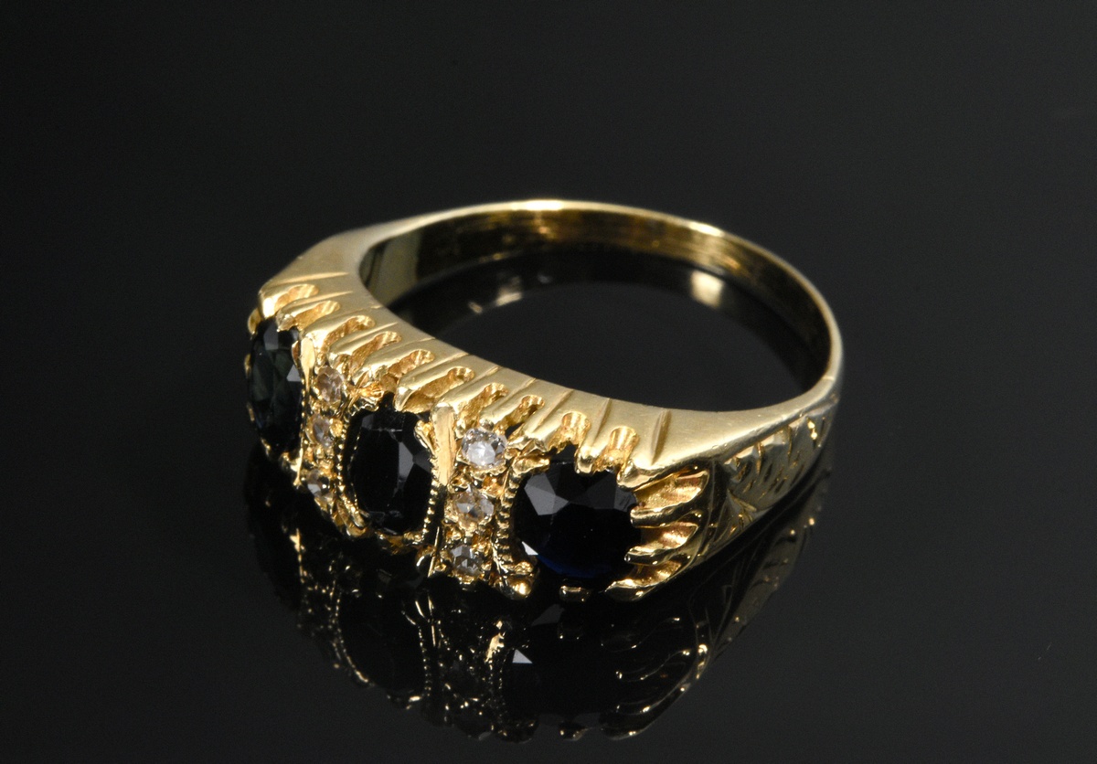 Small yellow gold 585 ring with sapphires and octagonal diamonds (together approx. 0.10ct/SI/W-TCR) - Image 2 of 4