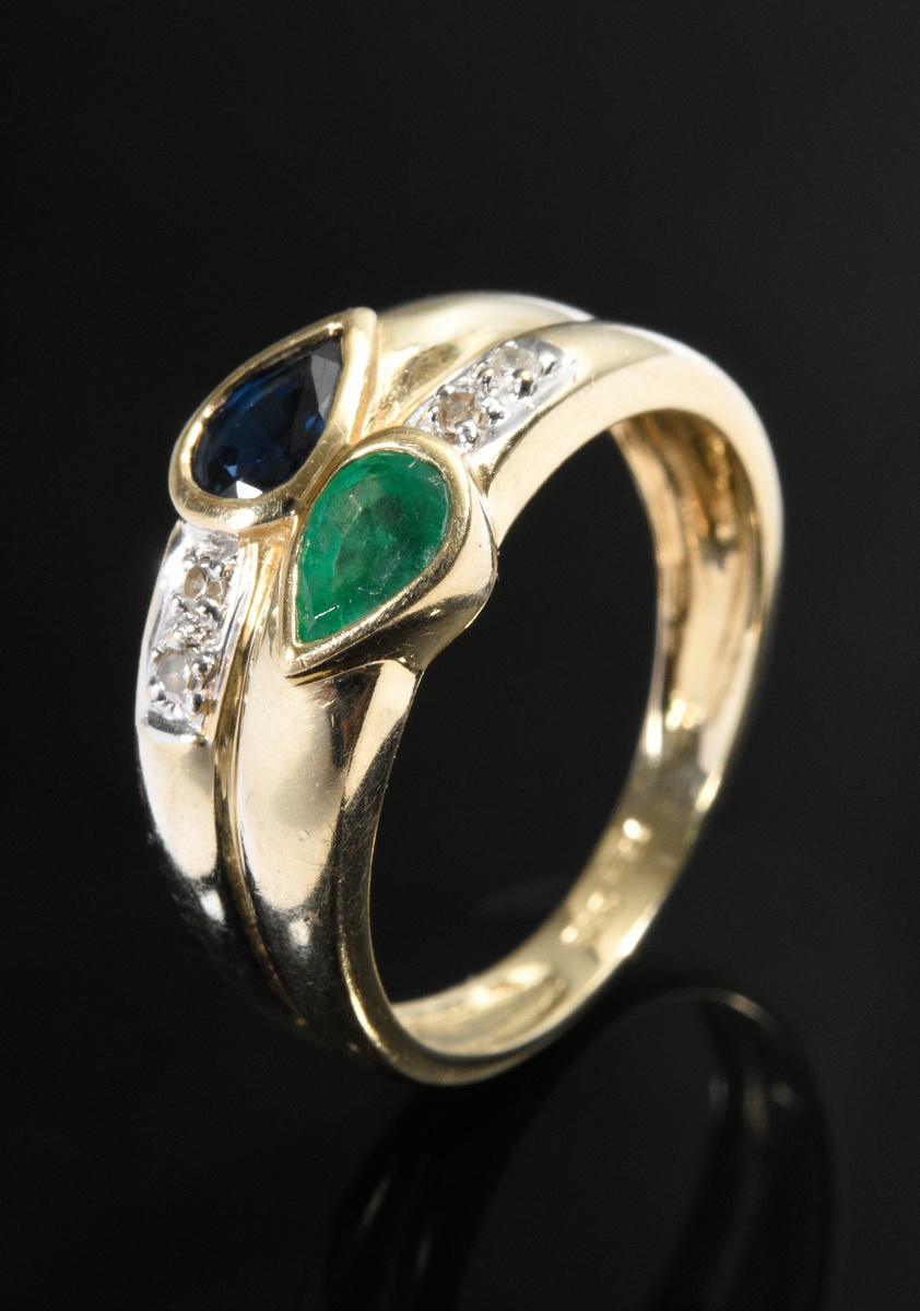 Modern yellow gold 585 ring with sapphire and emerald drops and small octagonal diamonds, 2.8g, siz