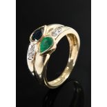 Modern yellow gold 585 ring with sapphire and emerald drops and small octagonal diamonds, 2.8g, siz