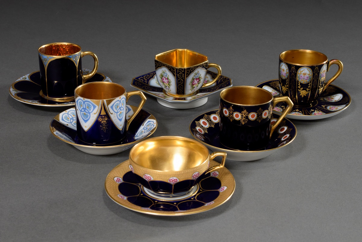 6 Various moch cups/saucers with different floral-ornamental gold decorations and polychrome painte - Image 2 of 4