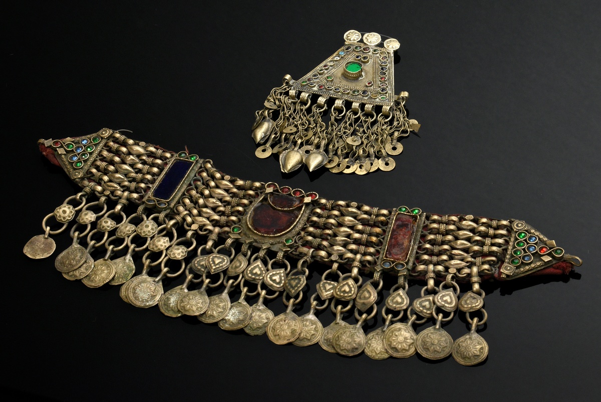 2 Various pieces of Afghan choker and pendant, 1 small plate mounted on fabric with glass stones an