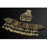 2 Various pieces of Afghan choker and pendant, 1 small plate mounted on fabric with glass stones an
