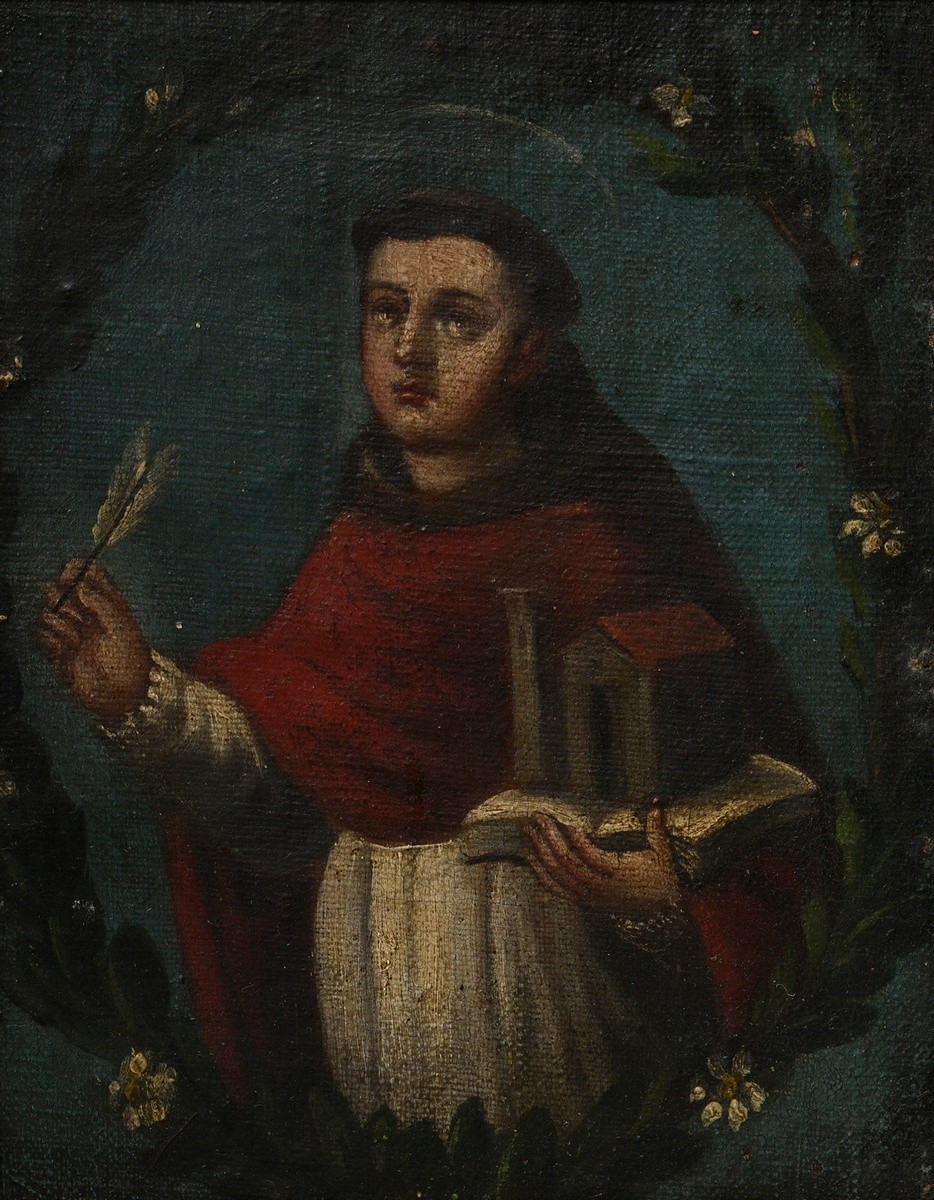 4 Small South American paintings of saints "Saint Anthony, Saint Bernadino of Sienna, Saint Thomas  - Image 10 of 10