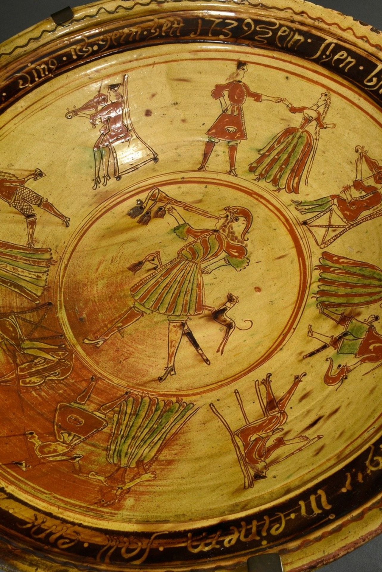 A very large Lower Rhenish potter's plate with incised decoration ‘Dancing couples and musicians’ a - Image 3 of 6