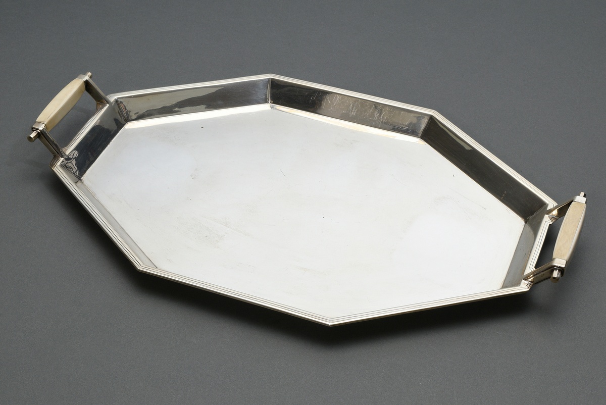 Elongated octagonal Art Deco tray with ivory handles, MM: Viners Ltd., Sheffield 1935, silver 925,