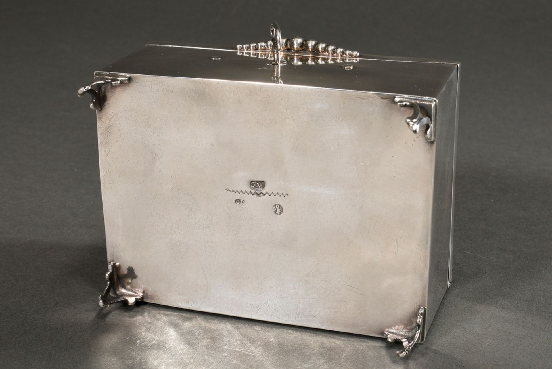 A plain Berlin sugar box on volute feet with pearl frieze and handle strip on the lid, Marked: Corn - Image 4 of 7