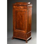 Biedermeier pier cupboard on paw feet, straight body with drawers in plinth and cornice and door be