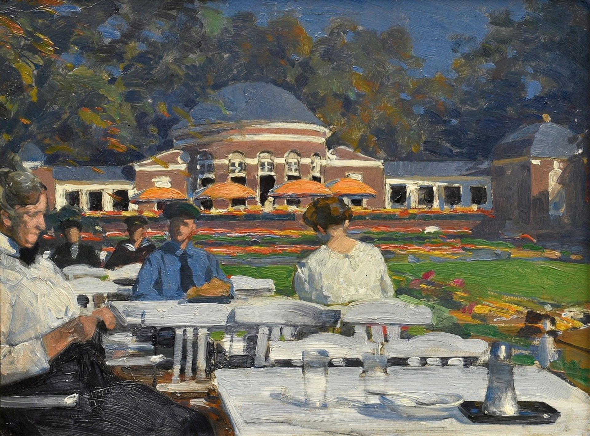 Unbekannter Künstler des frühen 20.Jh. "Café Orangerie", Öl/Malpappe, 25,5x33,7cm (m.R. 32,3x40,7cm