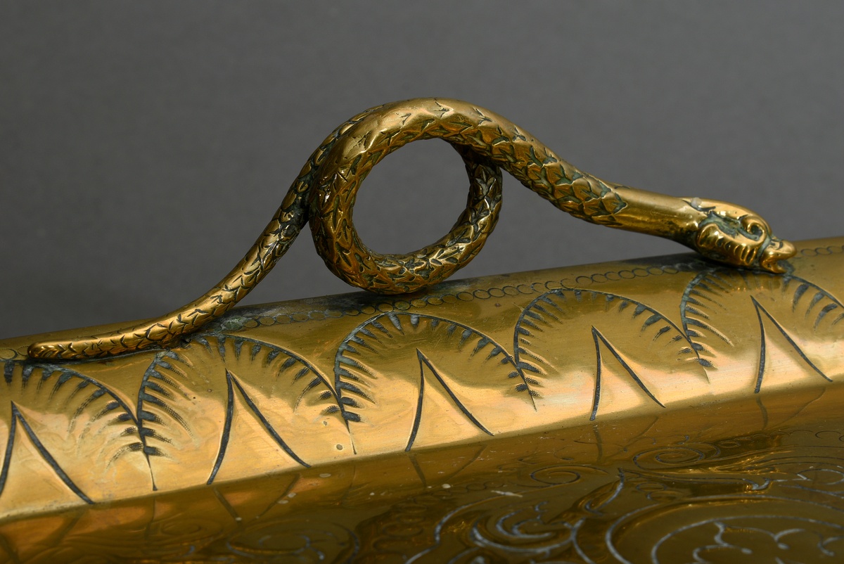 Rectangular brass tray with floral engraving and sculpted snake handles, 19th century, 56x45cm - Image 3 of 6