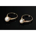 2 Various yellow gold 585 cultured pearl rings: 1x (Ø 9.1mm, size 56) and 1x with white gold crown 