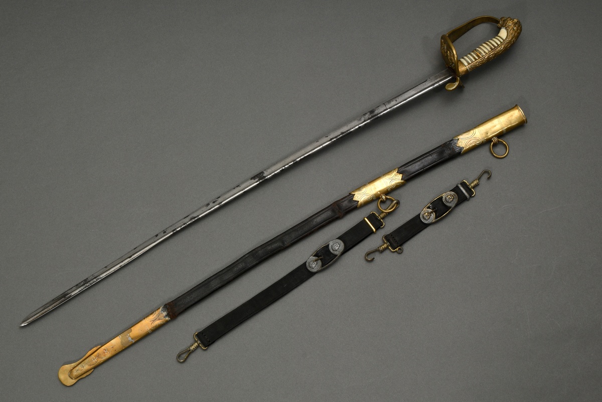 Prussian lion head sabre for the navy, bright damascus blade, maker's mark "W.K.&C." and two marks, - Image 10 of 17