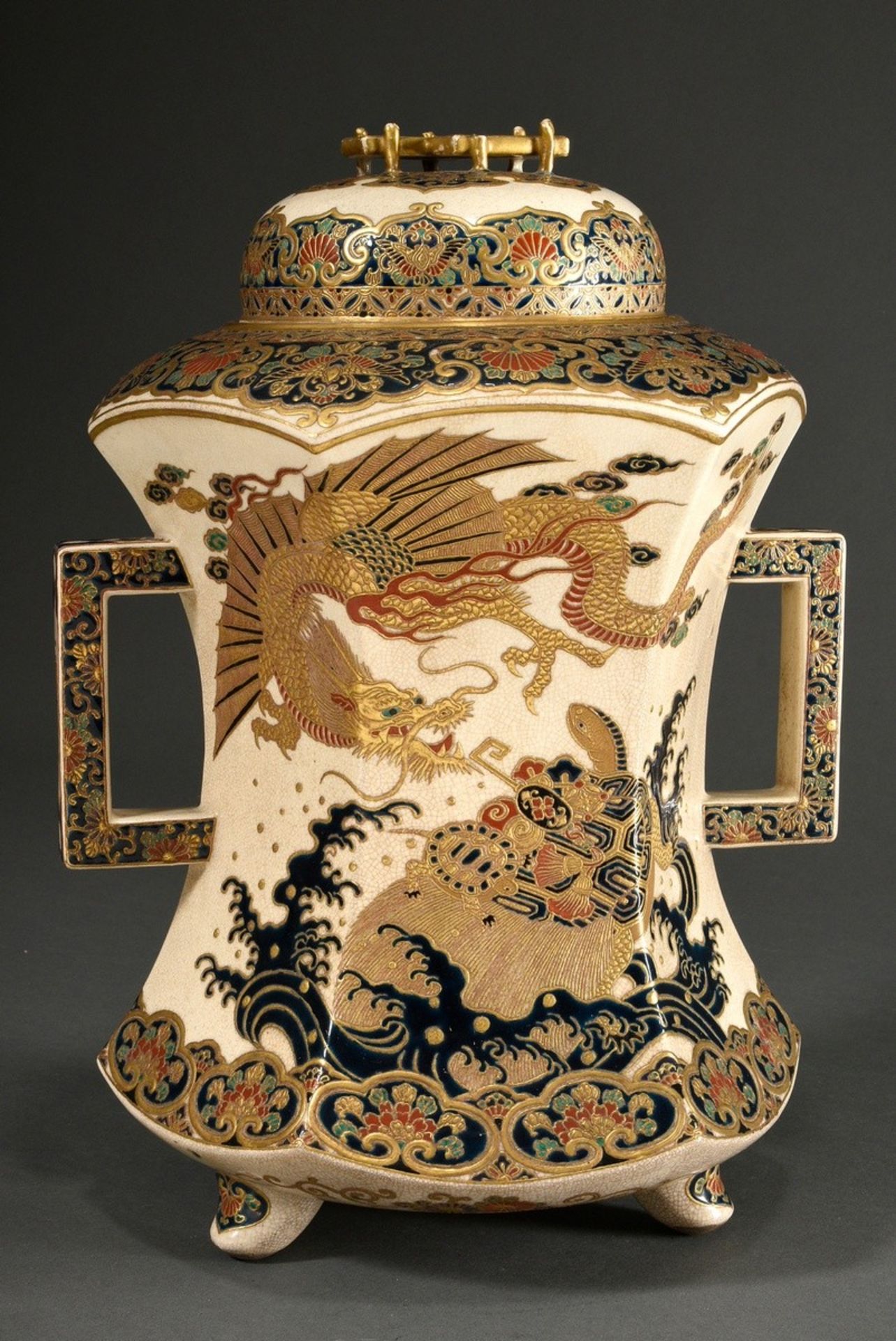 Japanese satsuma lidded vessel with polychrome decoration "Dragon and Dragon Turtle" and handles to