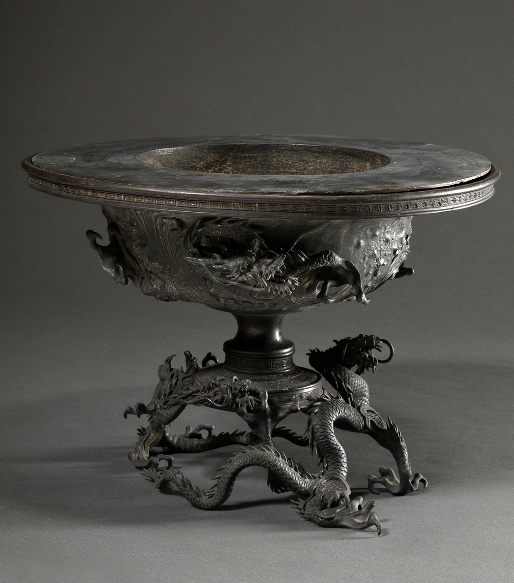 Three-part incense burner with sculpted dragon at the foot and on the wall, signed watakumo chûzo 渡