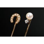 2 Various yellow gold 585 tie pins: 1 horseshoe with seed pearls (Ø 9mm) and 1 needle with oriental